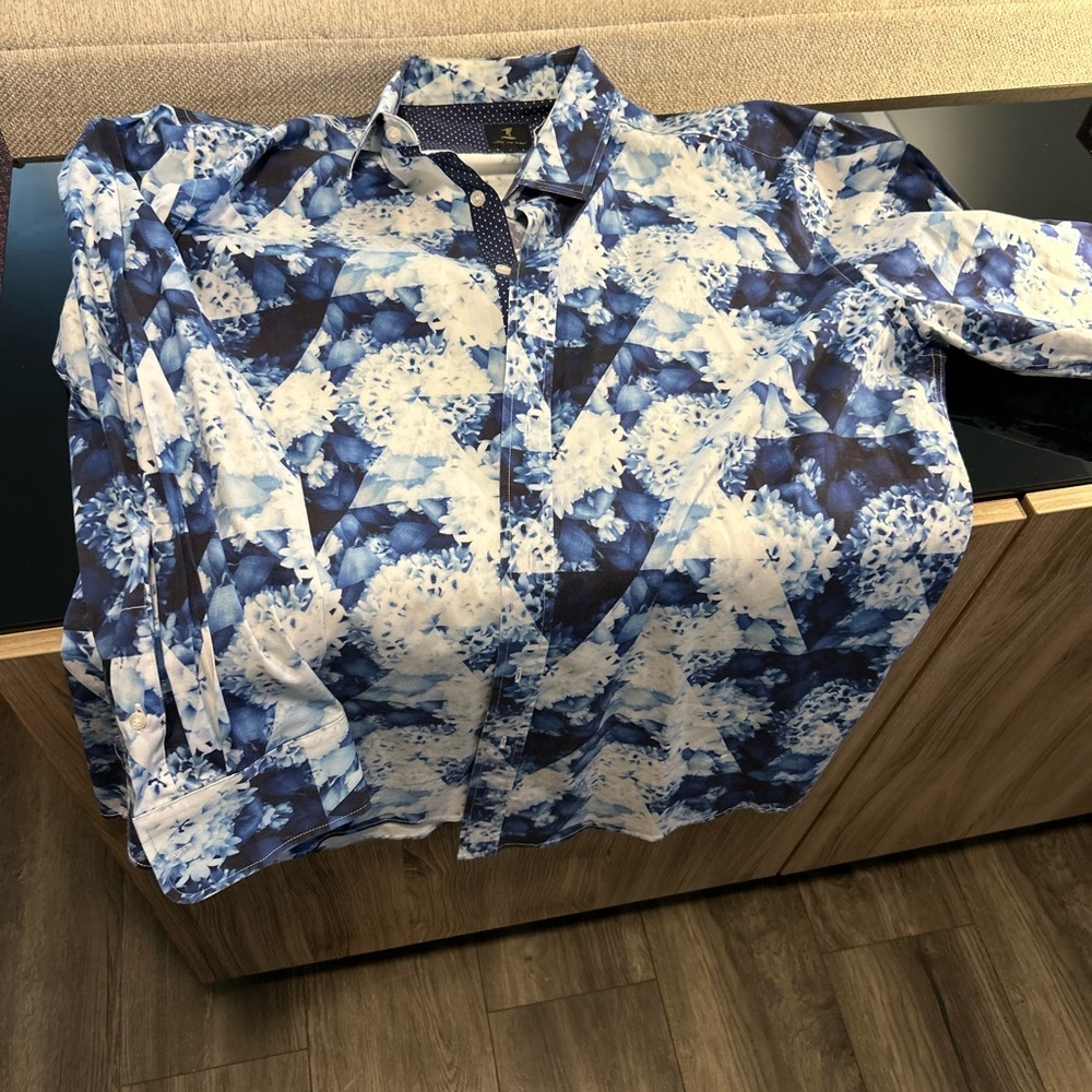 Blue and White Casual Button Down Shirt with Artistic Design